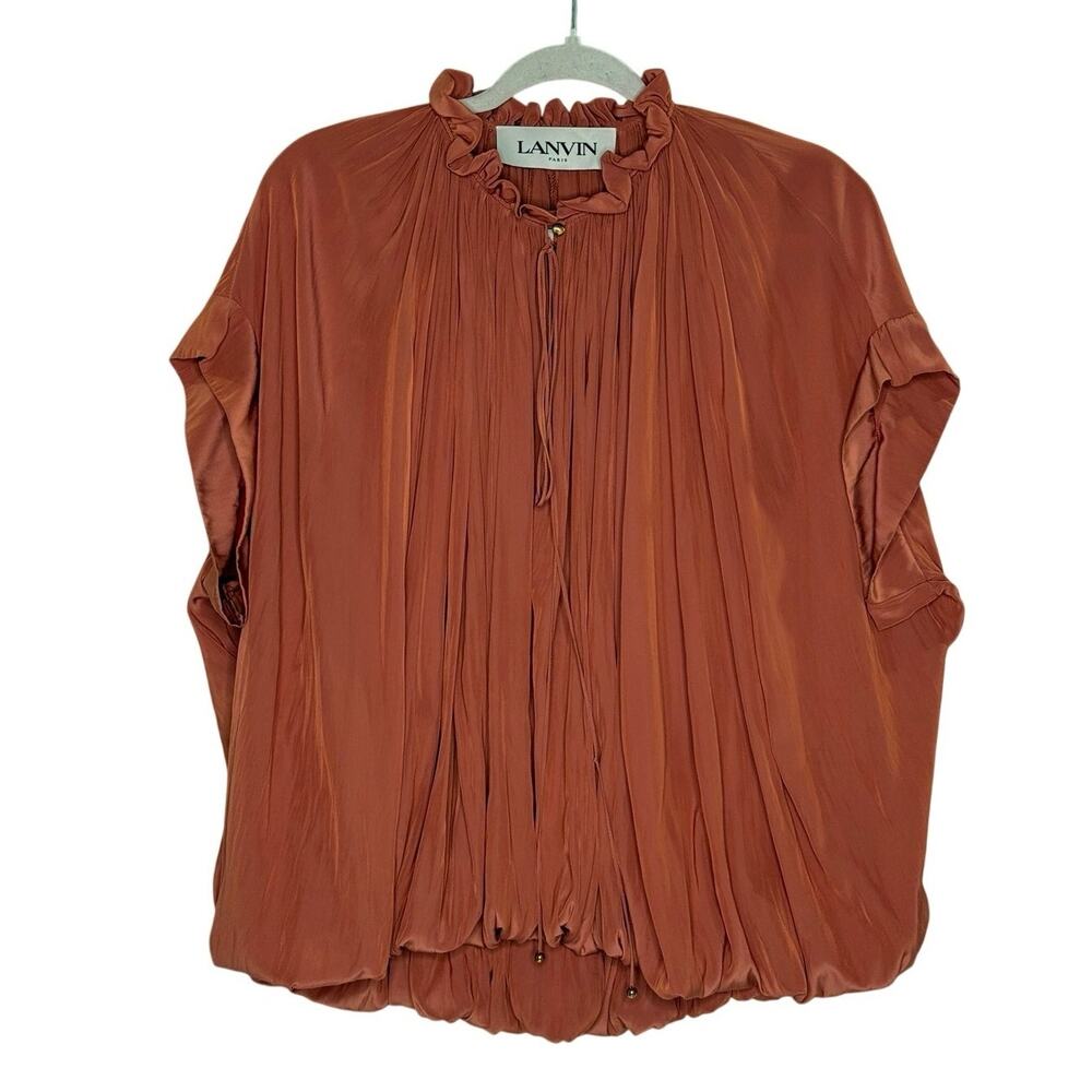 Lanvin Pleated Bubble Blouse USM FR38 Terracotta Ruffle Collar Short Sleeve